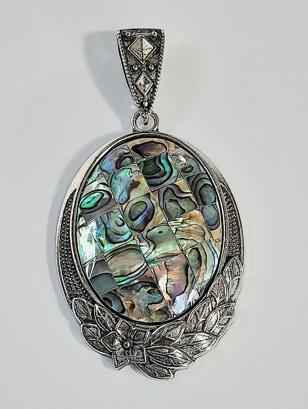 Silver Abalone Shell Oval Pendant Necklace - Iridescent Green Blue